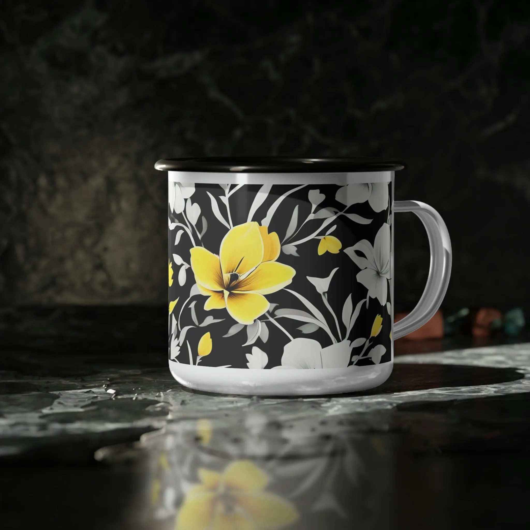 Yellow Flowers, Enamel Camping Mug for Coffee, Tea, Cocoa, or Cereal - 12oz